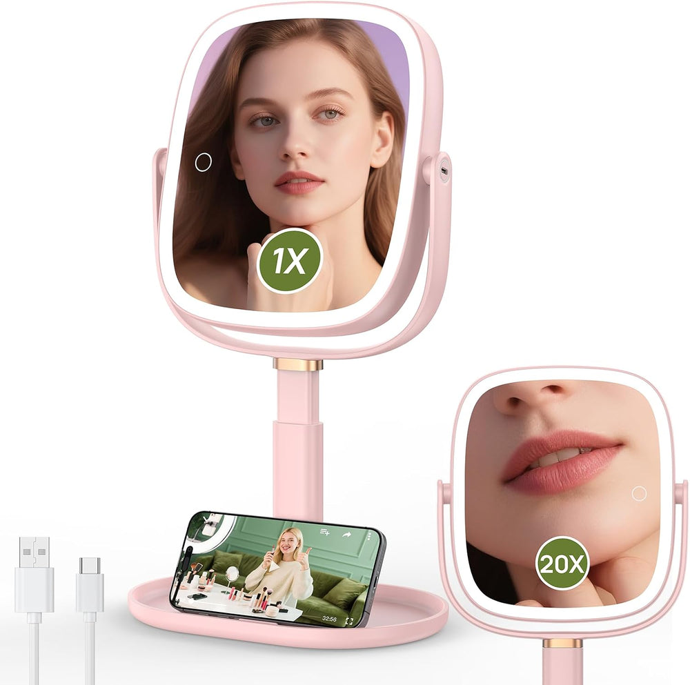 Height Adjustable Lighted Makeup Mirror with Lights and Magnification 20X