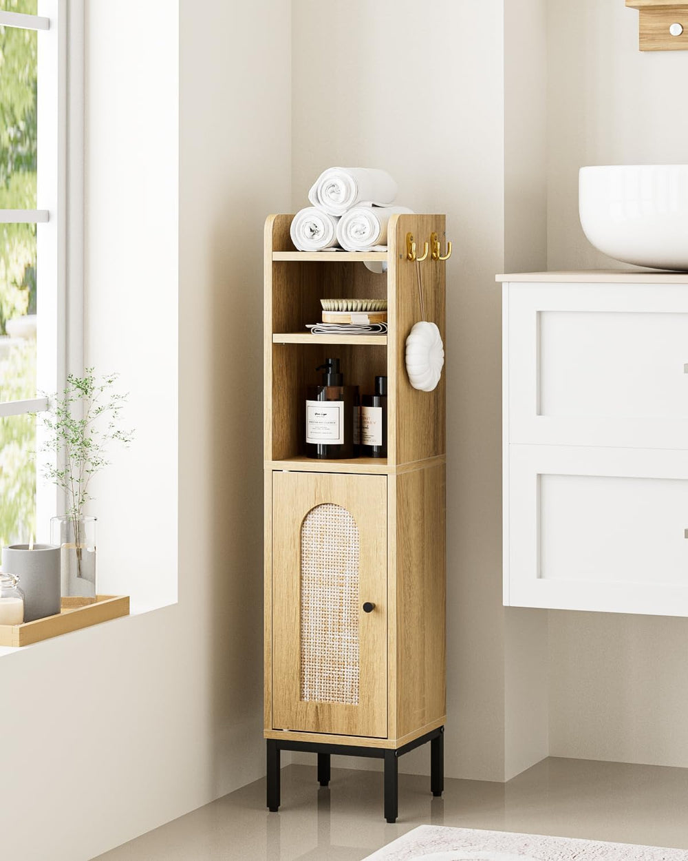 Bathroom Storage Cabinet, Small Corner Floor Hutch with 2Hooks,Narrow Toilet ...