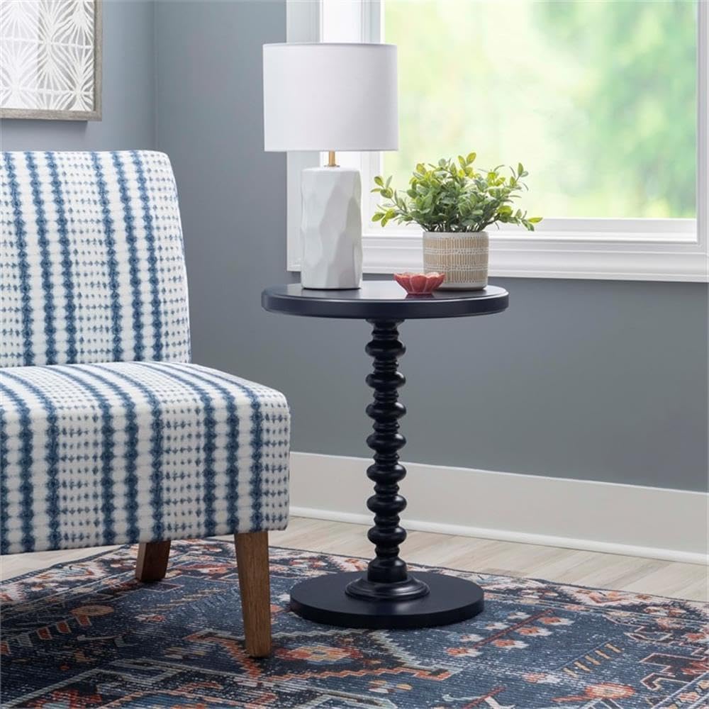 MAKLAINE Modern Transitional Round Spindle Side Table, 17 in Diameter, Navy B...