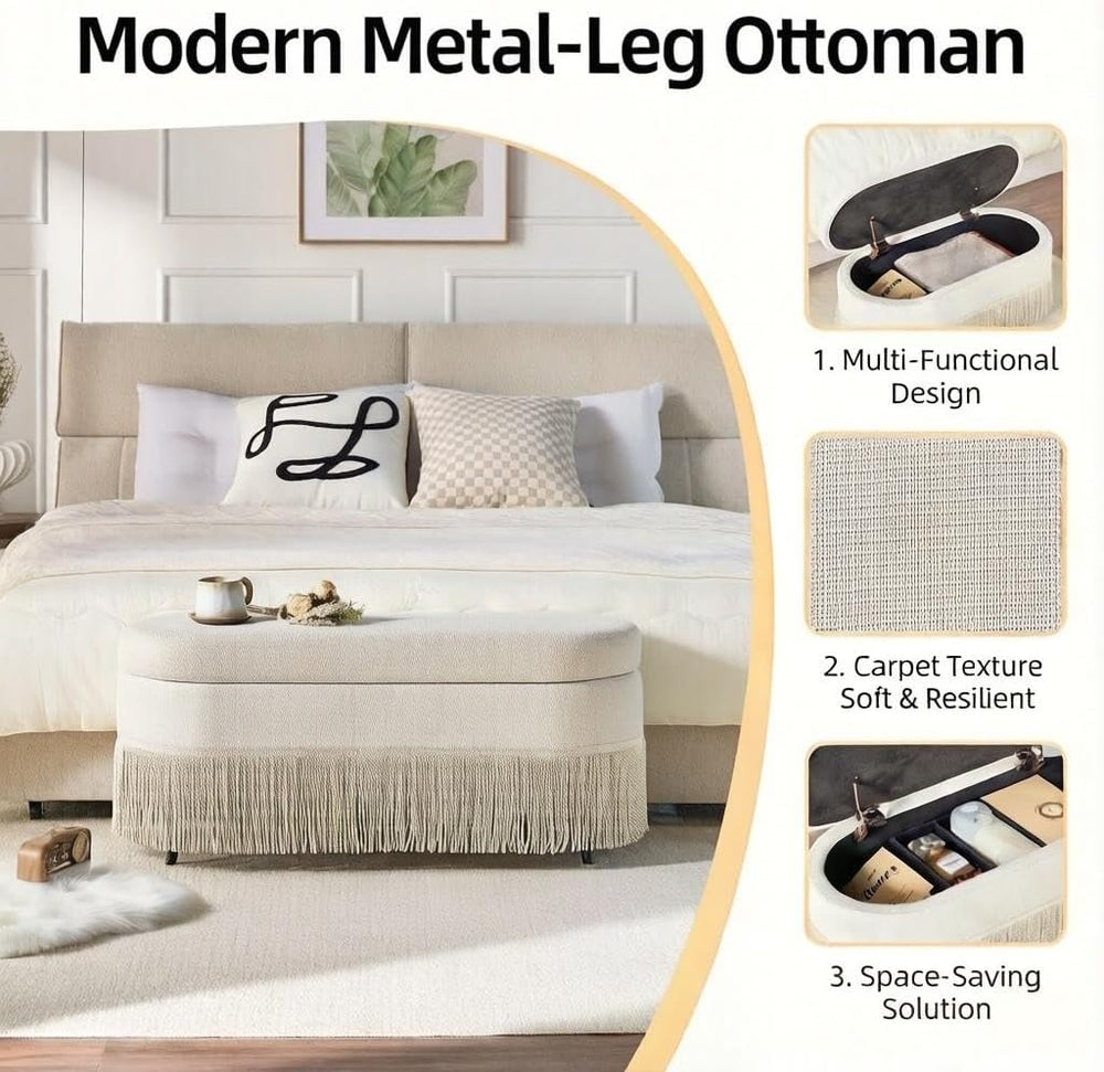 39.4“ Boho Storage Ottoman Bench with Tassels,Upholstered End of Bed Bench | ...