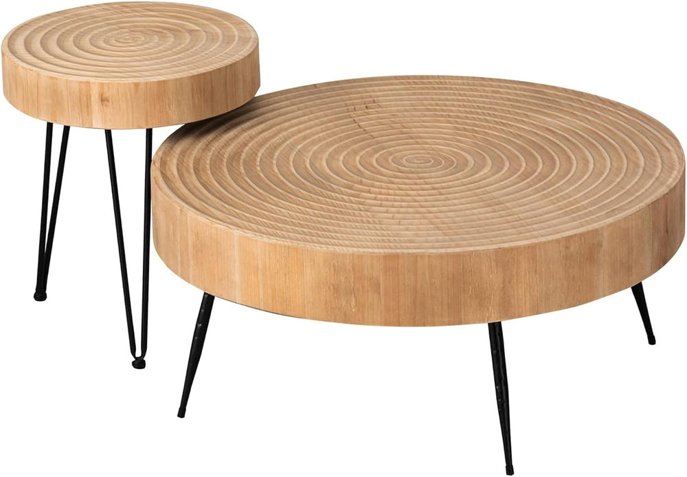 COZAYH 2-Piece Round Nesting Coffee Table Set, Natural Wood Top with Black Me...