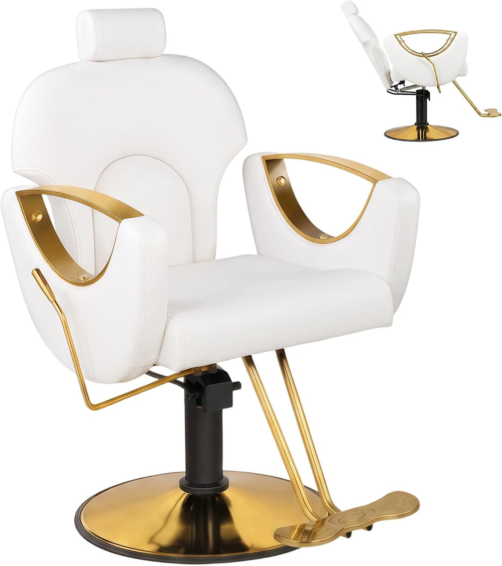 Salon Barber Chair for Hair Stylist, White Styling Chair with HeightโAdjustab...