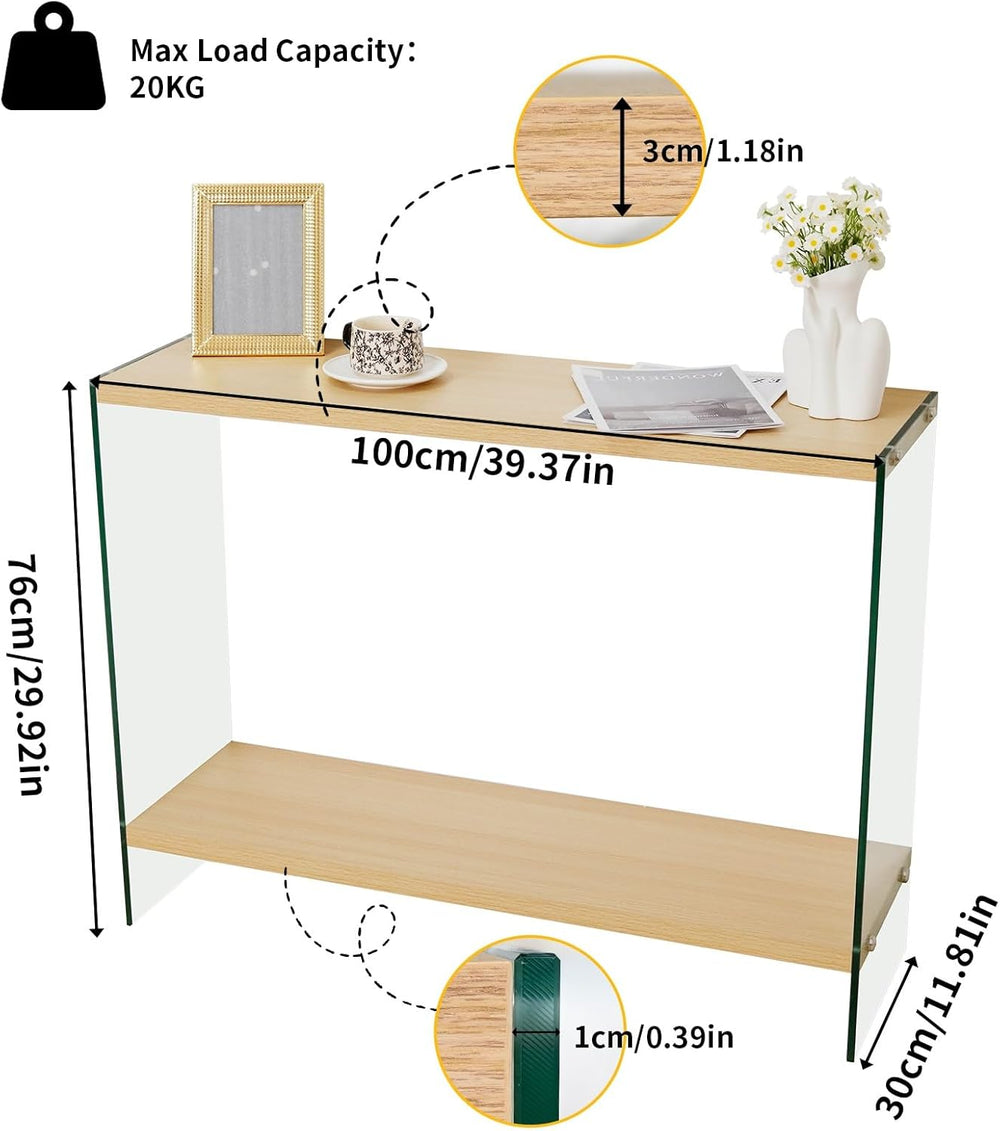 Console Table 2-Tier: 39.4 in Wide Rectangle Wood Shelf Glass Sides | Modern ...