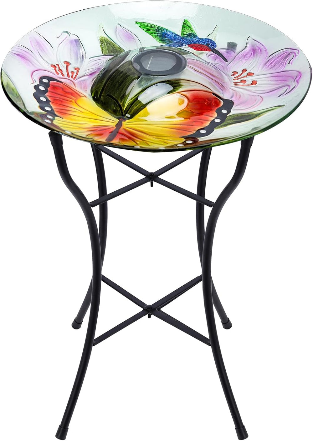 MUMTOP Outdoor Glass Bird Bath Solar Birdbath with Metal Stand Garden Decor