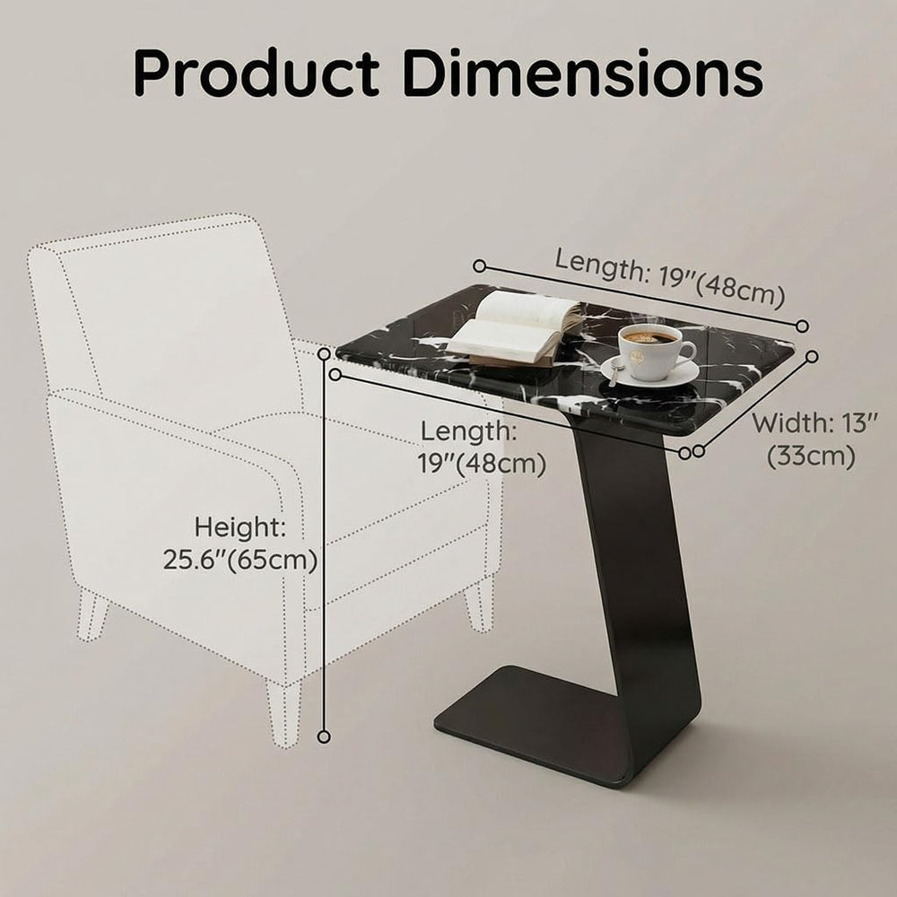 25.5-Inch High C-Shaped End Table with Tempered Glass Top & Black Metal F...
