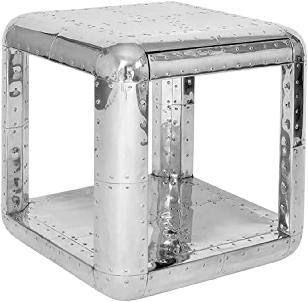 Aviator Side Table with Small Drawer Aluminum Finish Industrial Riveted Accen...