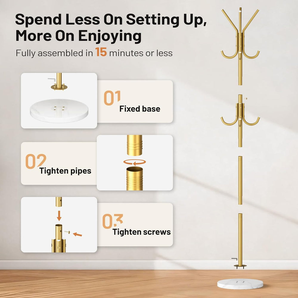 Gold Coat Rack Freestanding 12 Hooks Coat Hanger Stand Heavy Duty Coat Tree