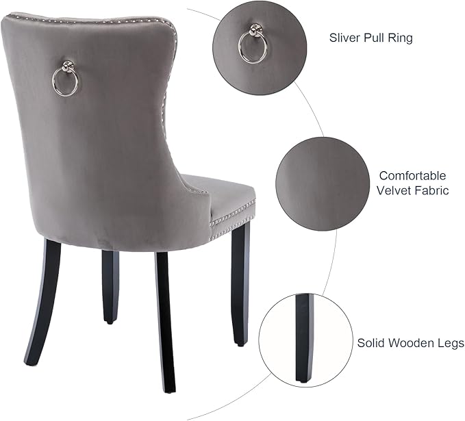 Grey Velvet Dining Chairs Set of 2, Tufted Upholstered Dining Room Chairs wit...
