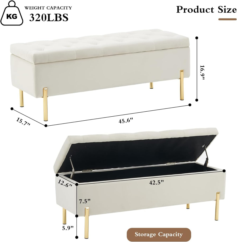 45.6 Inch Velvet Storage Bench Upholstered Tufted Settee Ottoman Bench with S...