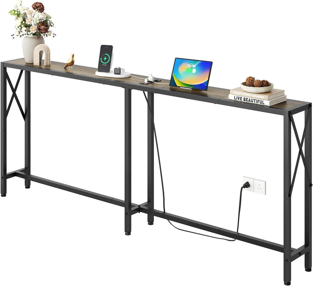 Gewudraw 70" Sofa Table Behind Couch with Socket-Narrow Console Table | ...