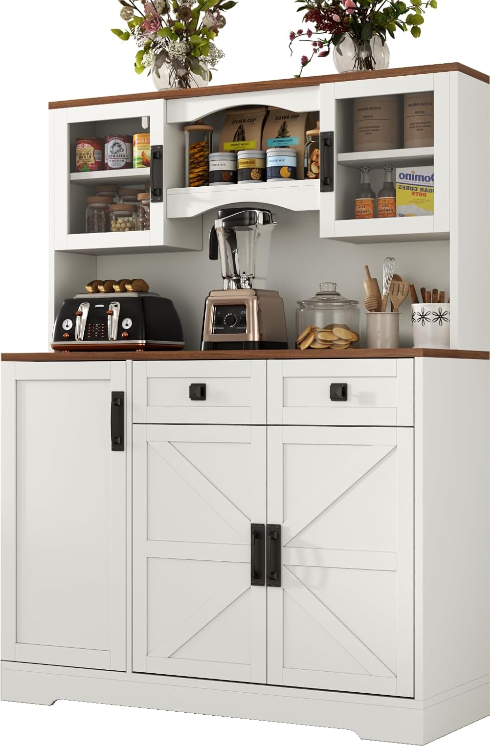 Loomie 60" Tall Farmhouse Pantry Cabinet, Kitchen Hutch with 2 Drawers, ...