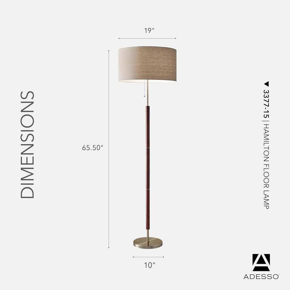 Adesso Floor Lamp, Natural Oak & Off-White Fabric, 3-Way, 65.5”