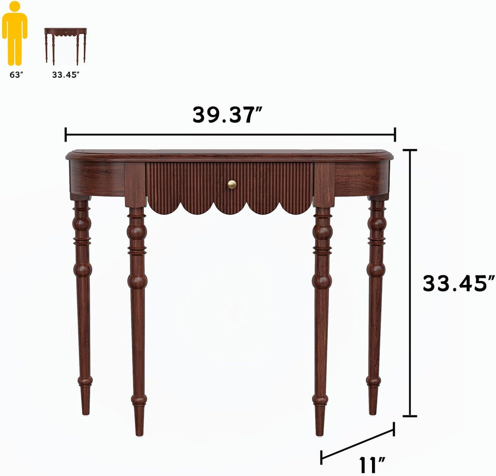 Solid Wood Console Table with Drawer – Dark Walnut Entryway Table with Scallo...