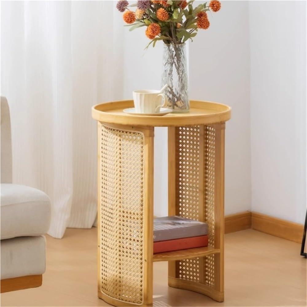 2-Layer Storage End Table, Resin Rattan Small Side Table, Small Round Table w...