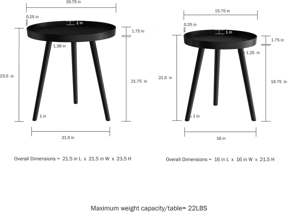 Lavish Home Nesting Side Tables, Black, Set of 2, 21.5”/16” | Round End Table...
