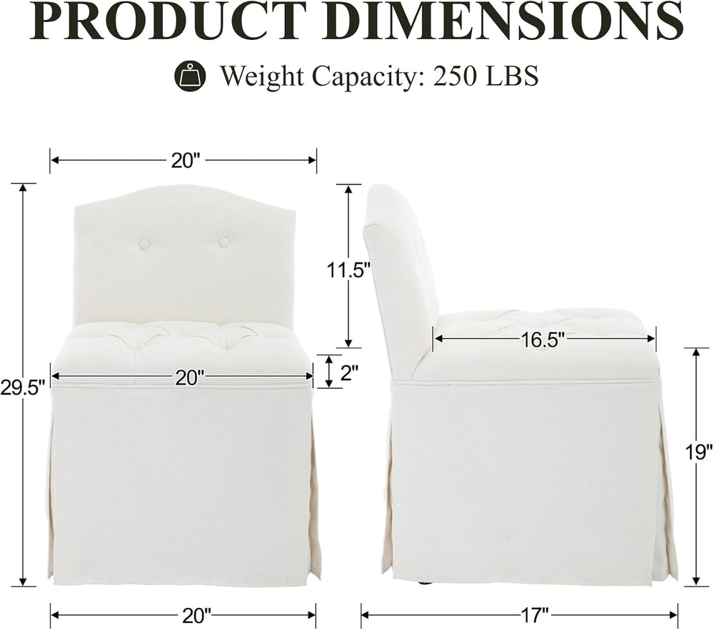 White Tufted Makeup Vanity Chair with Wheels, Small Upholstered Skirted Slipp...