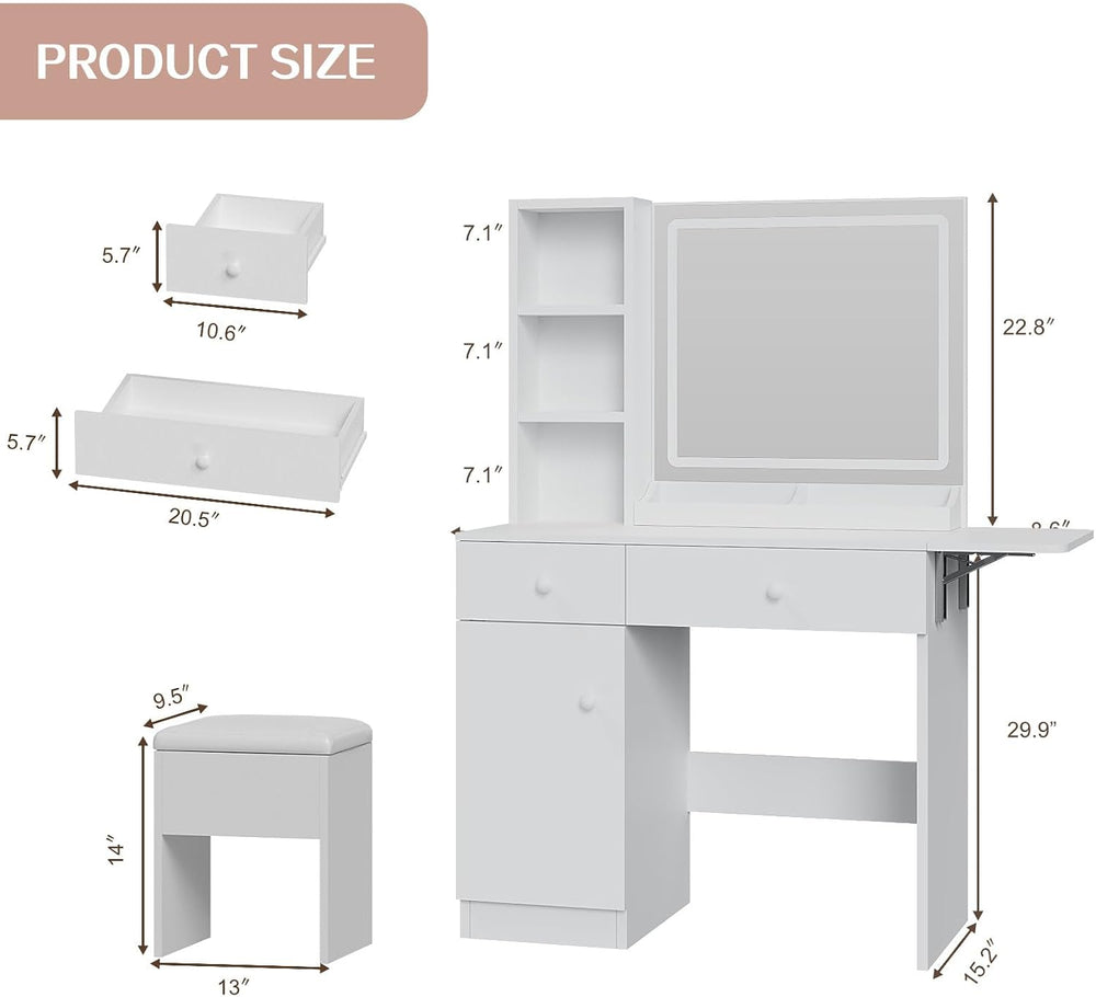 Haewon Vanity Desk Set with Lighted Mirror and Chair, White | Makeup Table wi...