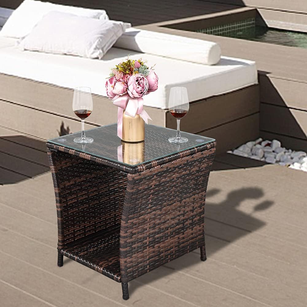 VINGLI Outdoor Wicker Side Table Patio Side Tables for Outside, Tempered Glas...
