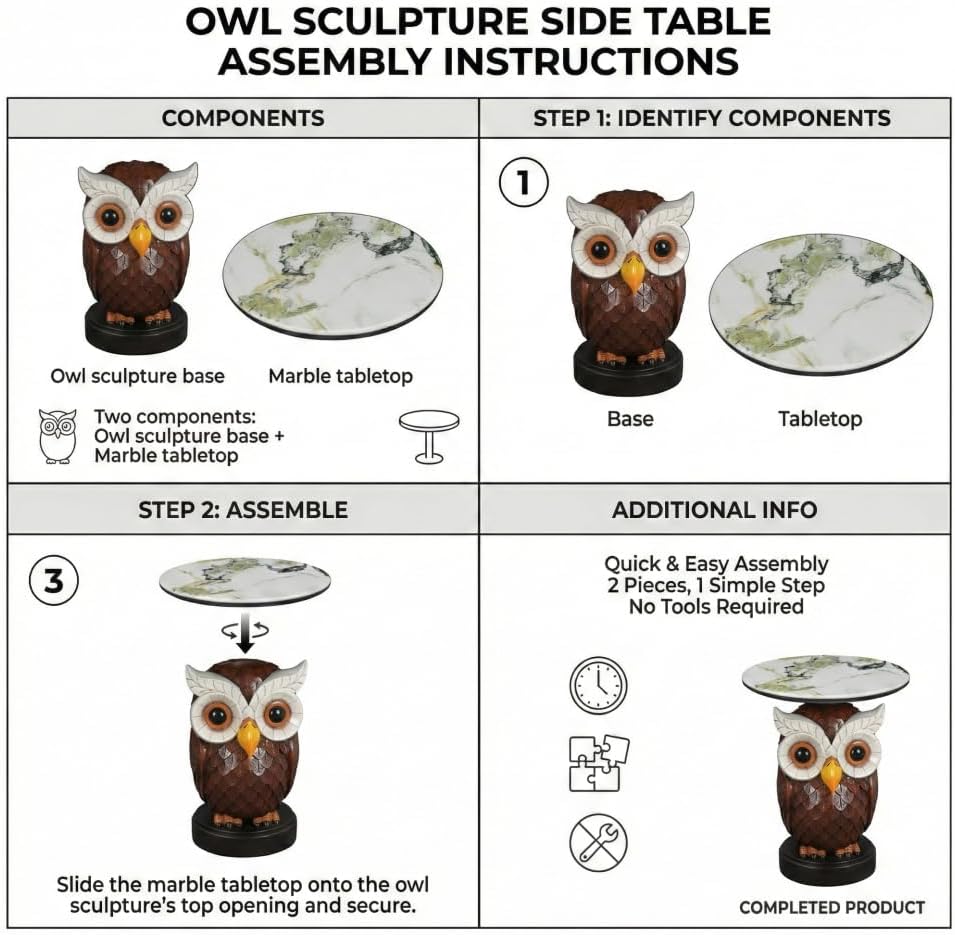 Owl Side Table, Round End Table with Faux Marble Top, Resin Owl Statue Base, ...