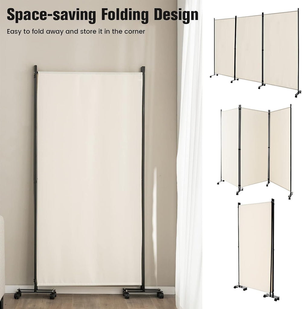 3 Panels Folding Privacy Screen, 6FT White Rolling Room Divider