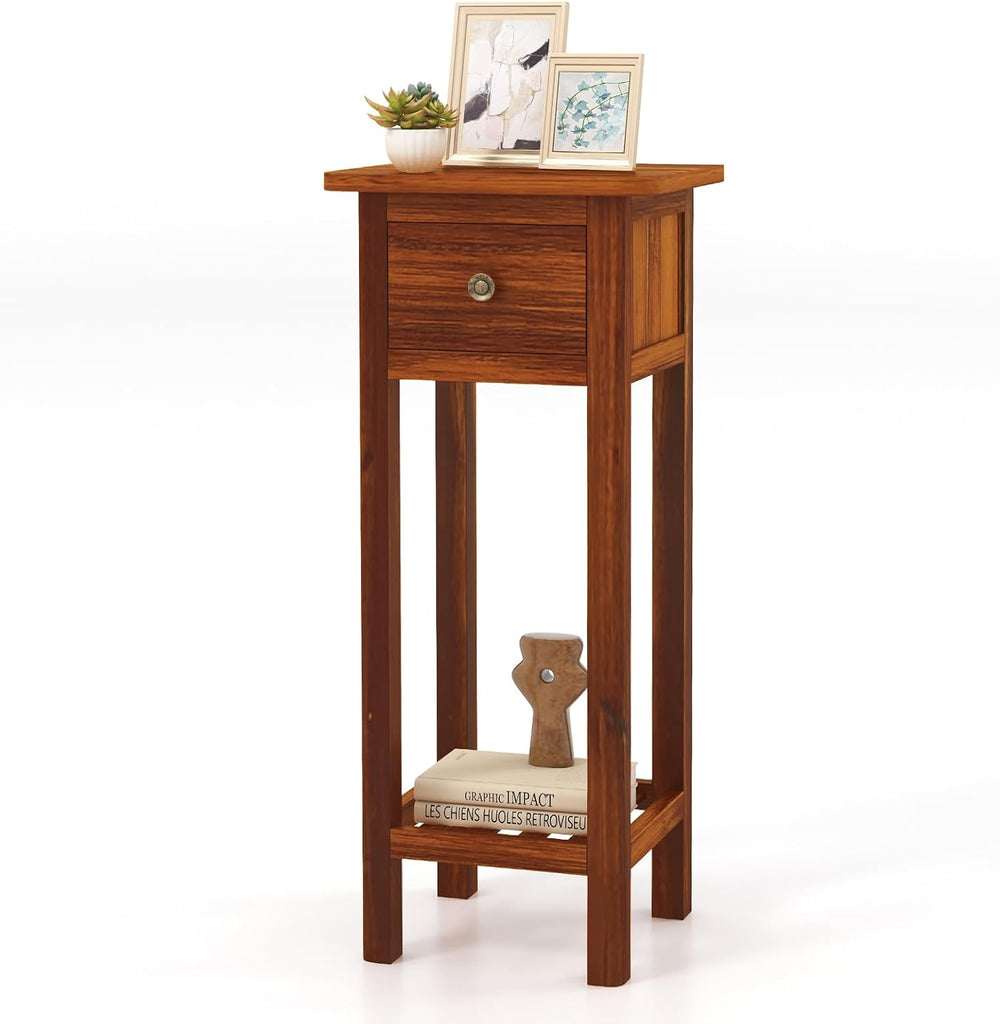 SlickBlue 2-Tier Slim Bedside Table with Drawer and Shelf for Living Room Bed...