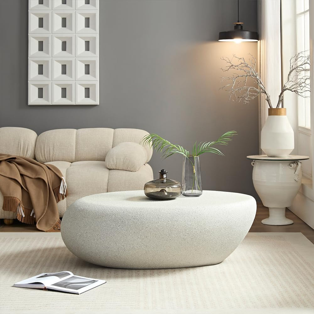Oval Coffee Table, Faux Stone Center Table, No Assembly