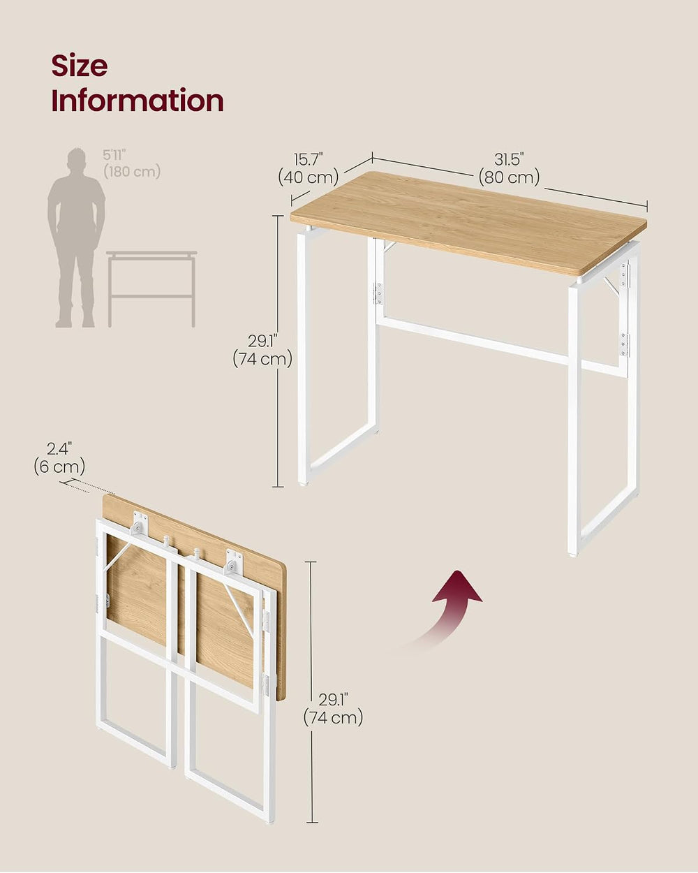 VASAGLE Folding Desk, Small Computer Desk, Foldable Table 31.5 Inch | One-Pie...