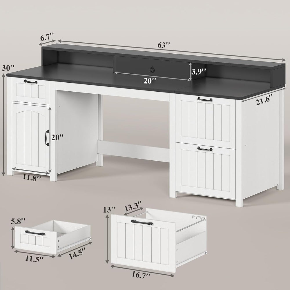 SEDETA 63" Farmhouse Executive Desk with Drawers and Storage, White + Black