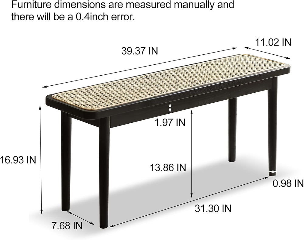 39 Inch Black Skinny Bench with Handwoven Rattan - Dining Bench, Solid Oak Fr...