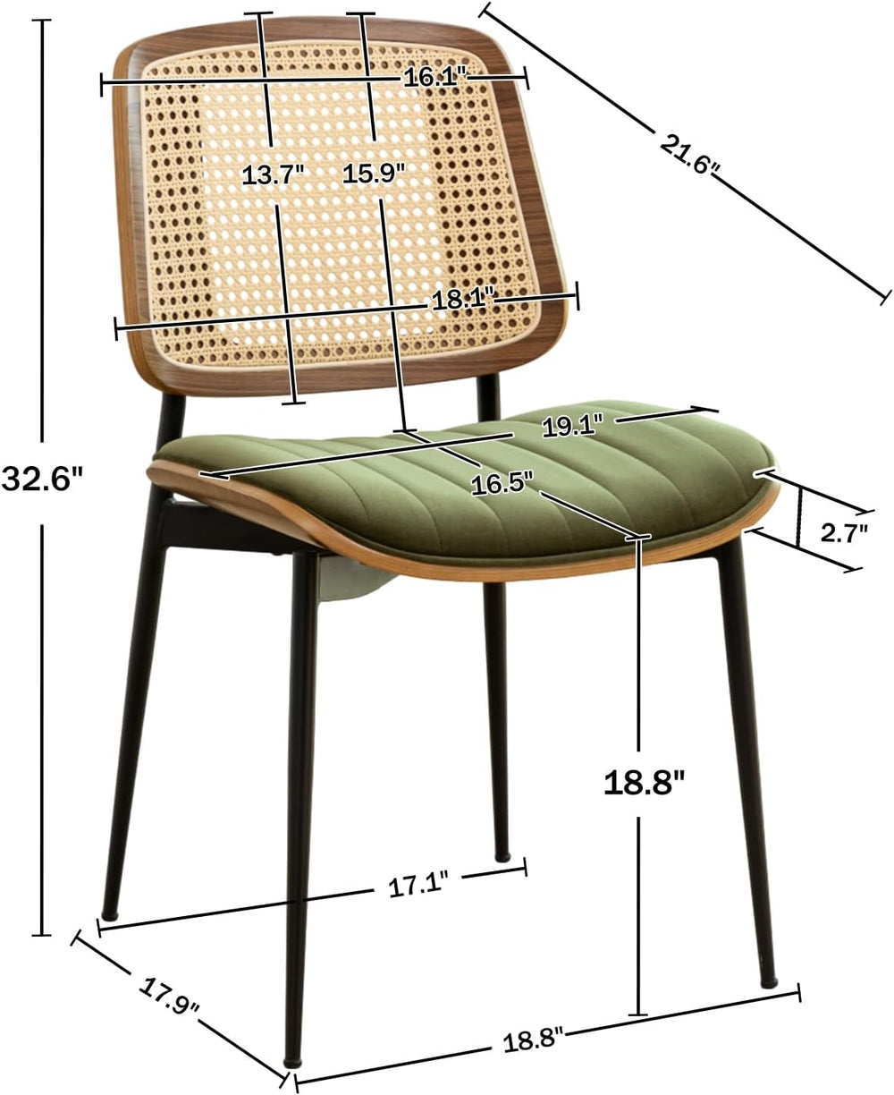 Rattan Dining Room Chairs Set of 2, Mid Century Modern Kitchen Chairs,Green V...