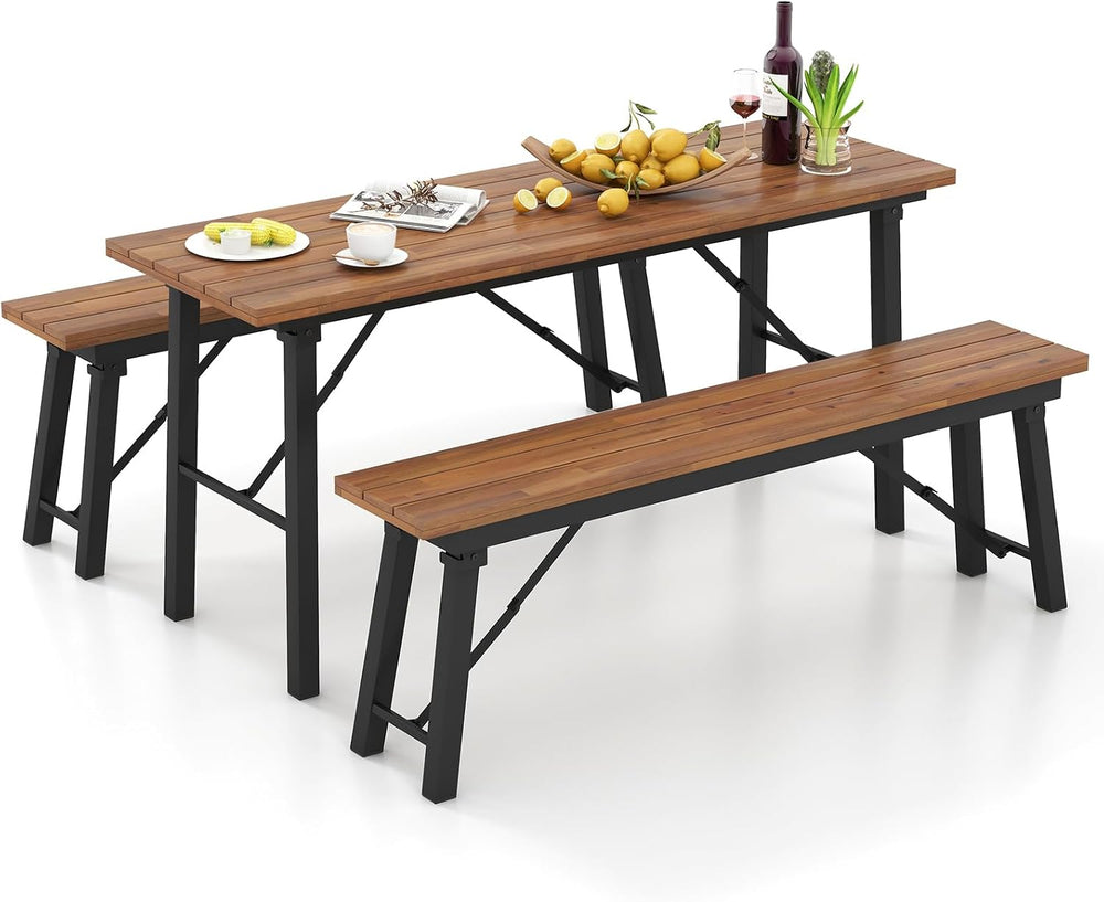 Tangkula Outdoor Dining Table With Benches for 4-6 Persons, No Assembly Folda...