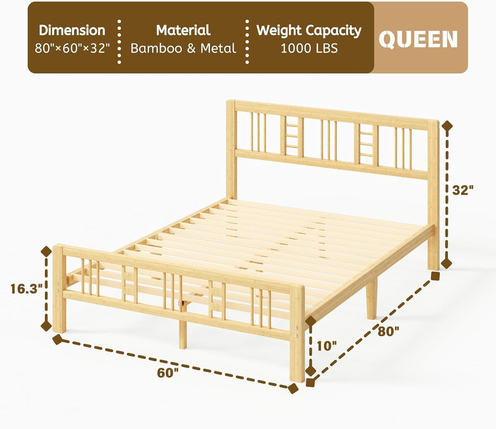 10 Inch Bamboo Queen Size Bed Frame with Headboard and Footboard