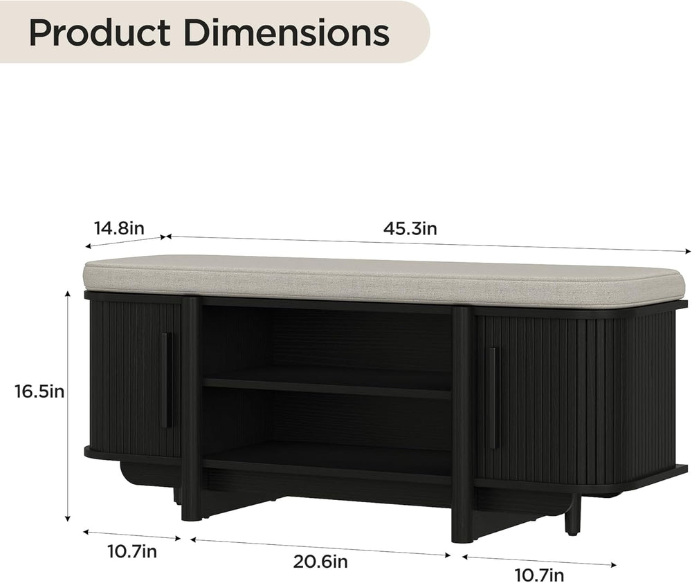 Maupvit Entryway Shoe Storage Bench with Sliding Doors, 2-Tier Upholstered Sh...