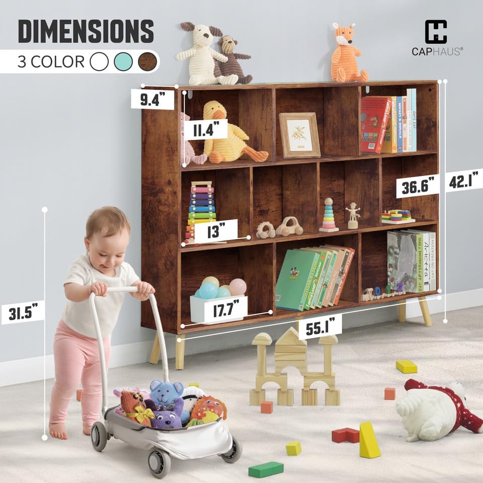 CAPHAUS 10 Cube 3 Tier Mid Century Bookshelf, 55” Wide Wooden Cube Storage Or...