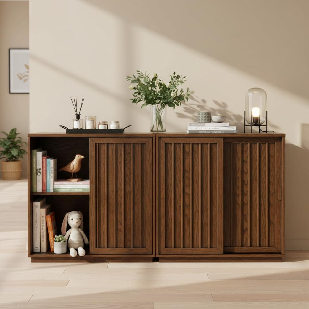 Mid Century Modern Sideboard Cabinet | Slim Fluted Credenza with Sliding Door...