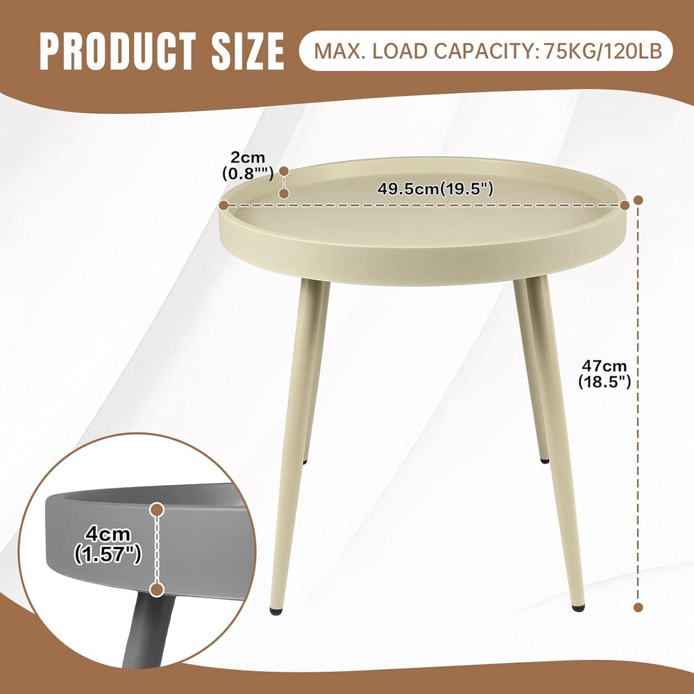 20" Round Side Table, Plastic Top, Iron Frame, Waterproof, Camel | Water...