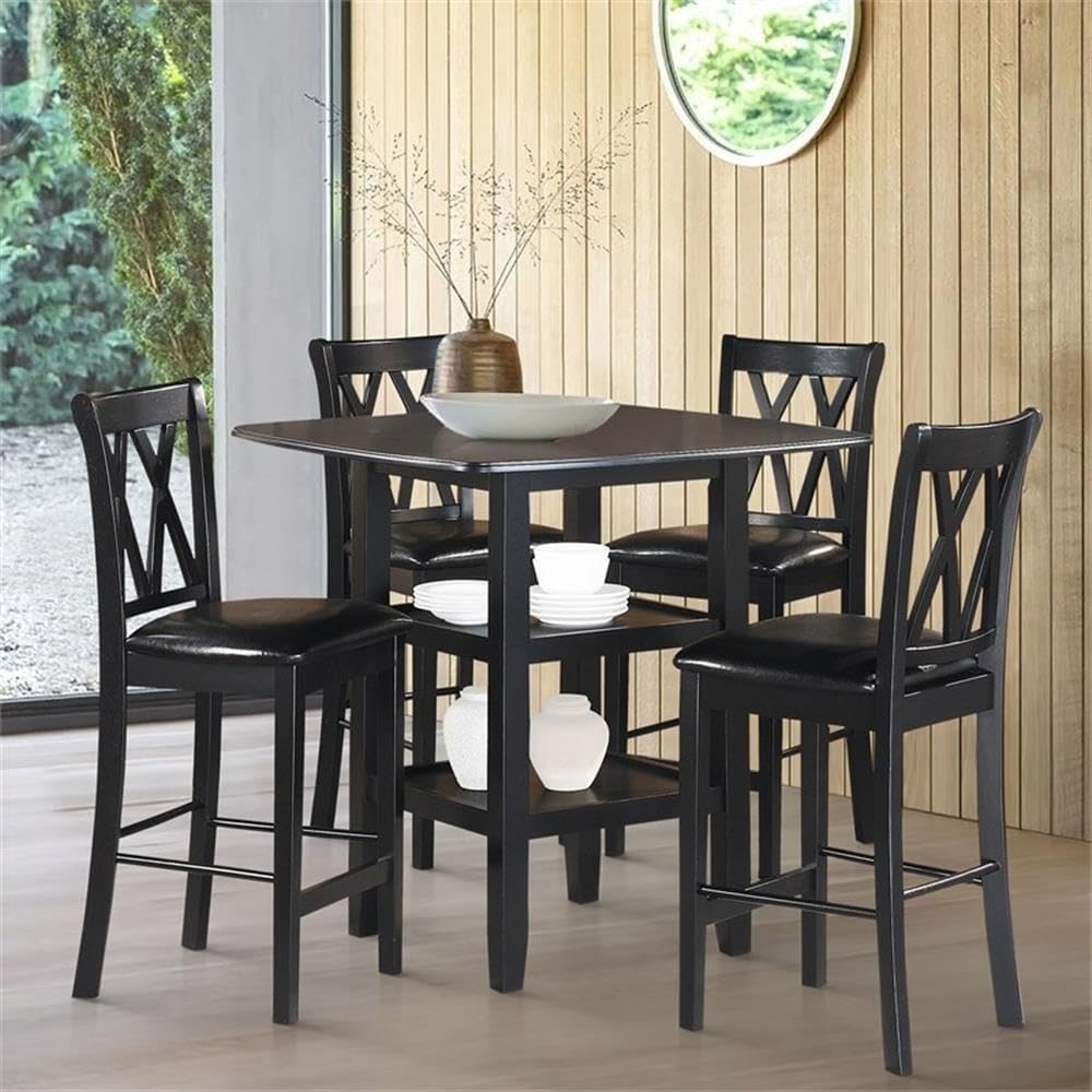 MAKLAINE 5 Piece Solid Wood Counter Height Dining Set, Black Finish, Table wi...
