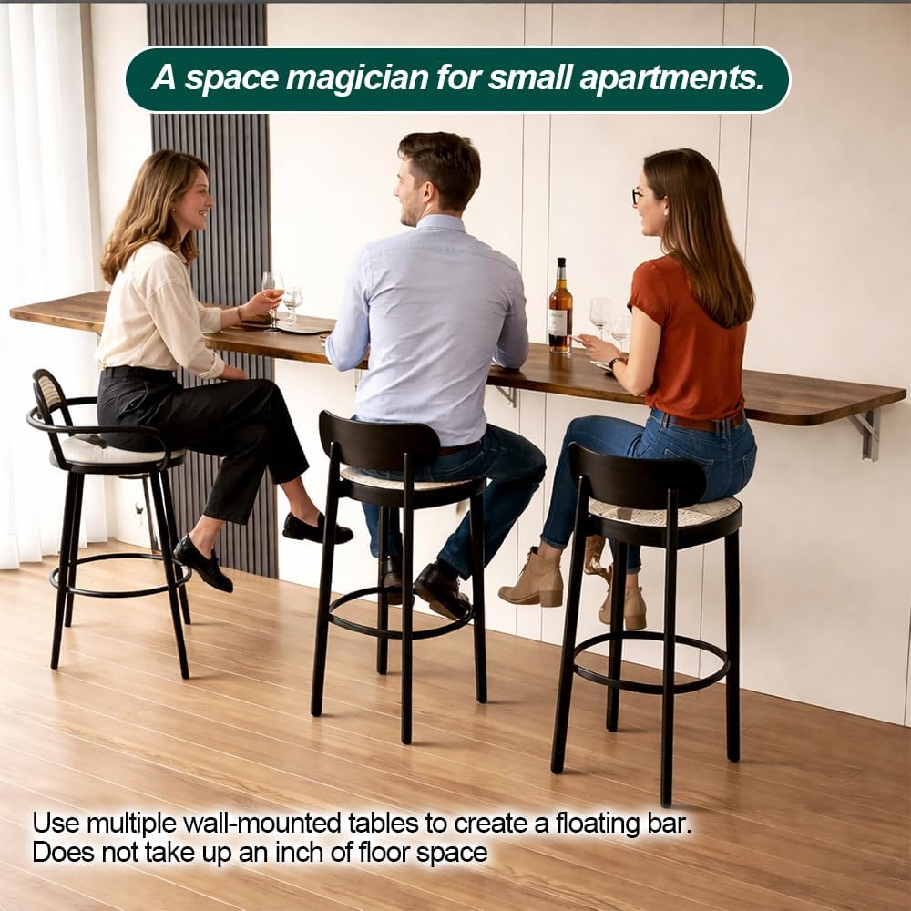 Rustic Wall Mounted Folding Table, Solid Wood Floating Desk with Stainless St...