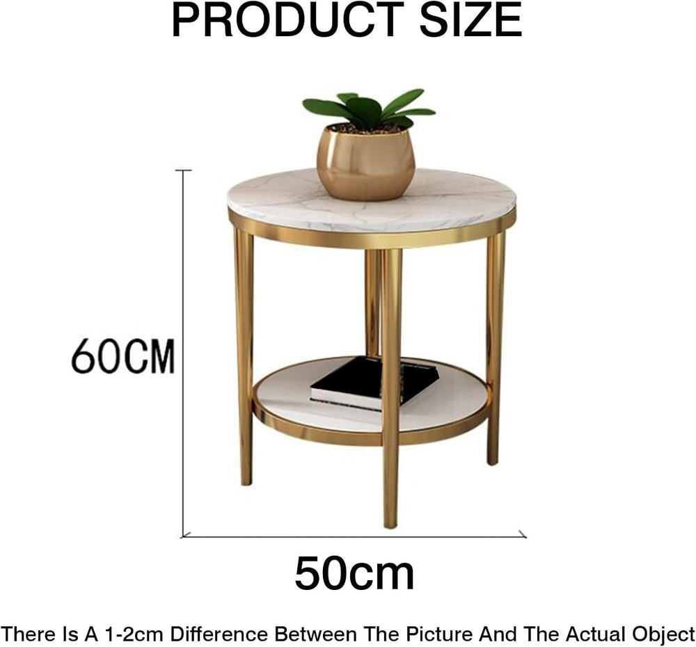 Bedside/Sofa Side Table: Stainless Steel & Marble Two-Tier Small Round Ta...