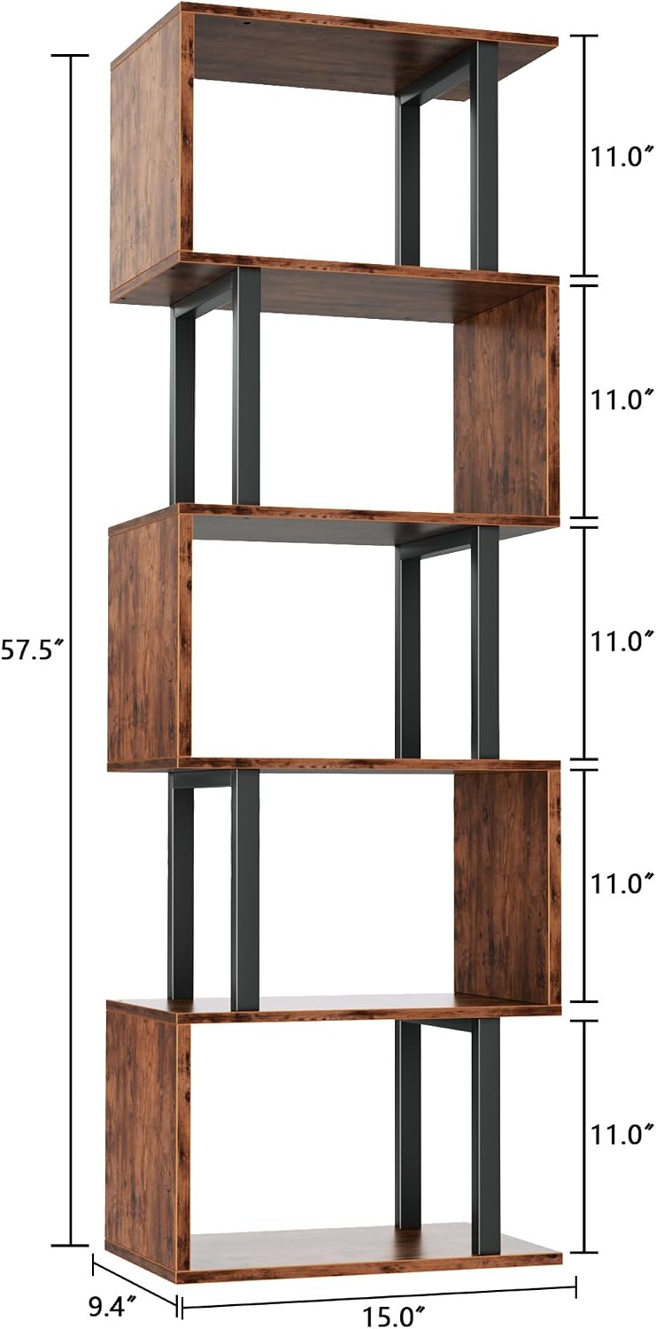 Furologee 6 Tier Bookshelf, S Shaped Geometric Bookcase, Rustic Brown