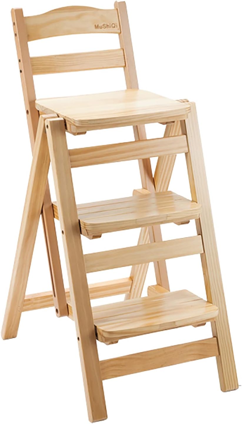 Folding Bar Stool 3 Step Ladder Stool,Solid Wood Counter Height Foldable Stoo...