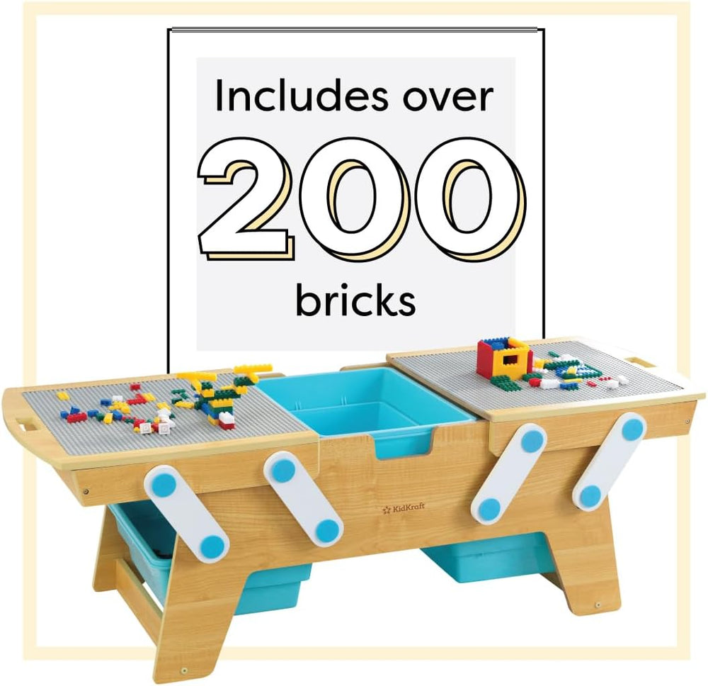 KidKraft Building Bricks Play N Store Wooden Table with 200+ Bricks, 3 Bins