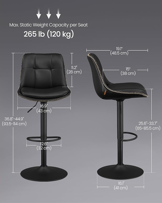 VASAGLE Bar Stools, Set of 2 Swivel Bar Chairs, Adjustable Height, Quilt, Syn...
