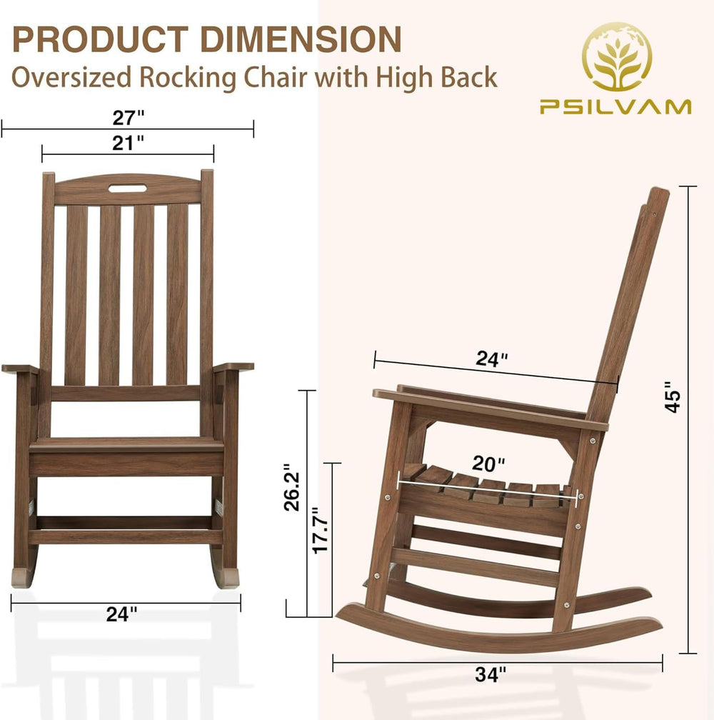 Psilvam Oversized Outdoor Rocking Chair, HDPE Porch Rocker (Dark Brown)