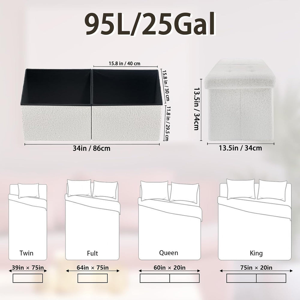 Storage Ottoman Bench, 34" Teddy Velvet Folding Foot Rest, White | Large...
