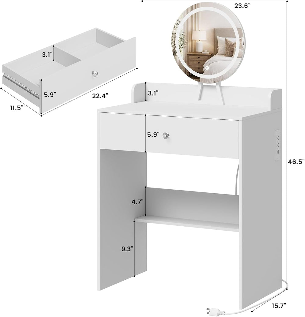 Small Vanity Desk With Power Outlets, Makeup Table for Girls, White | 23.6&qu...