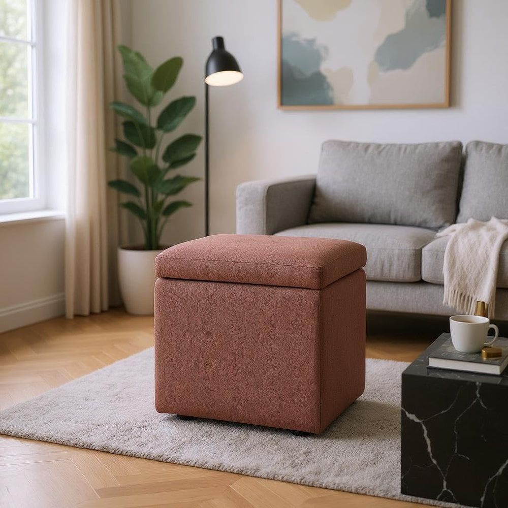 Brown Linen-Textured Ottoman with Storage, 42×42×44 cm Square Foot Rest Stool...