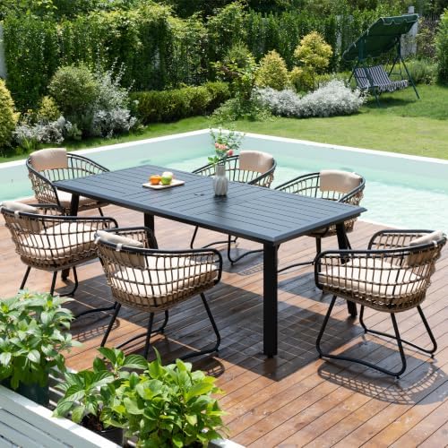 Pellebant 7 Piece Outdoor Dining Set for 6, Aluminum Table & Wicker Chairs