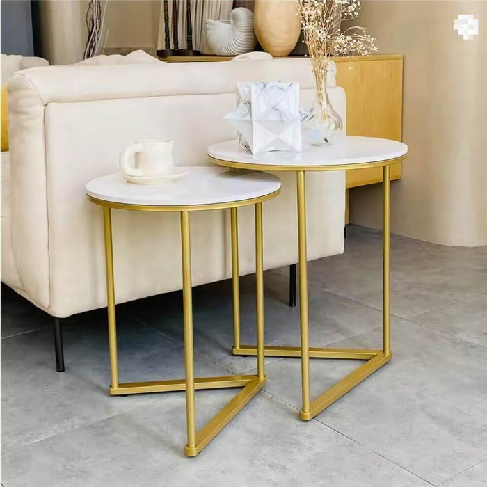 Set of 2 Modern Round Marble Metal Base Nesting Set Side Accent Table Living Room Storage Small End Table, Coffee Table, Marble and Gold