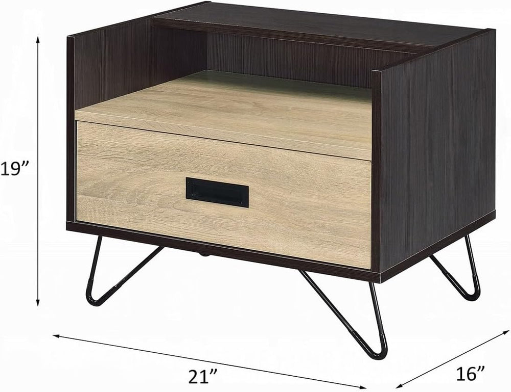 One Drawer Nightstand with Open Compartment, Oak and Black,for Small Spaces